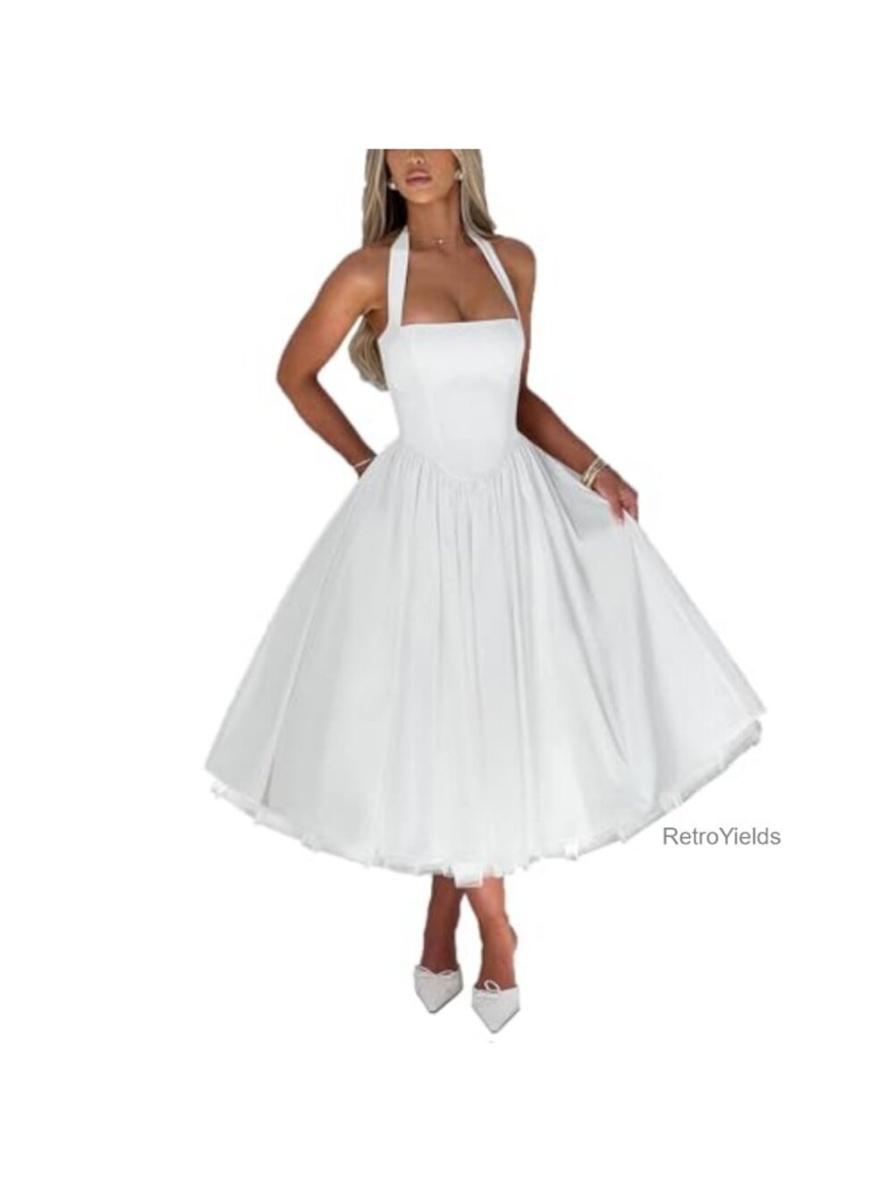 Halter Neck A-Line Tulle Prom Dress Corset Backless Tea Length